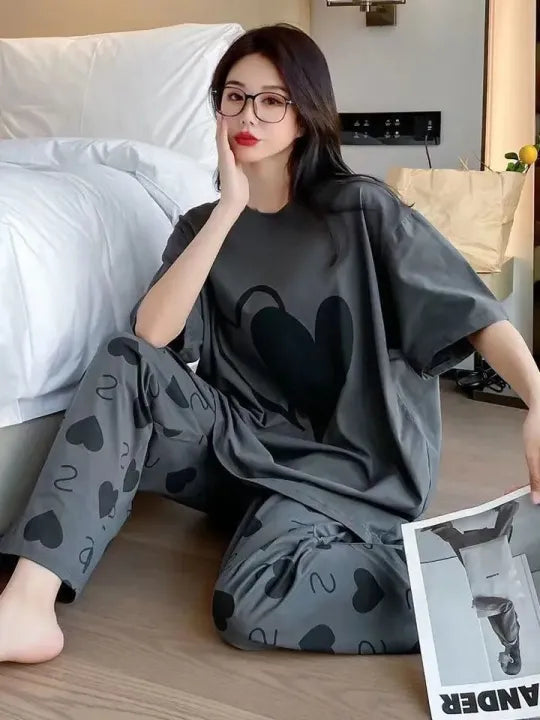 Grey Heart Print Soft Cotton Night Suit T Shirt and Pajama Set For Women and Girls Comfortable Soft Fabric For A Good Nights Sleep