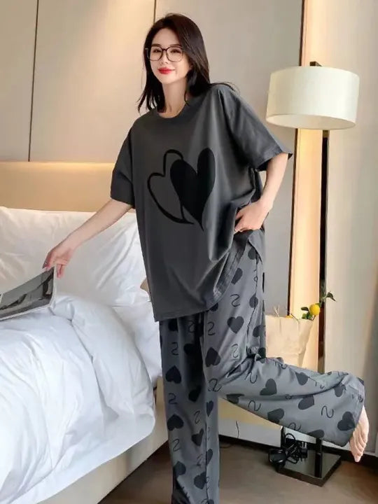 Grey Heart Print Soft Cotton Night Suit T Shirt and Pajama Set For Women and Girls Comfortable Soft Fabric For A Good Nights Sleep