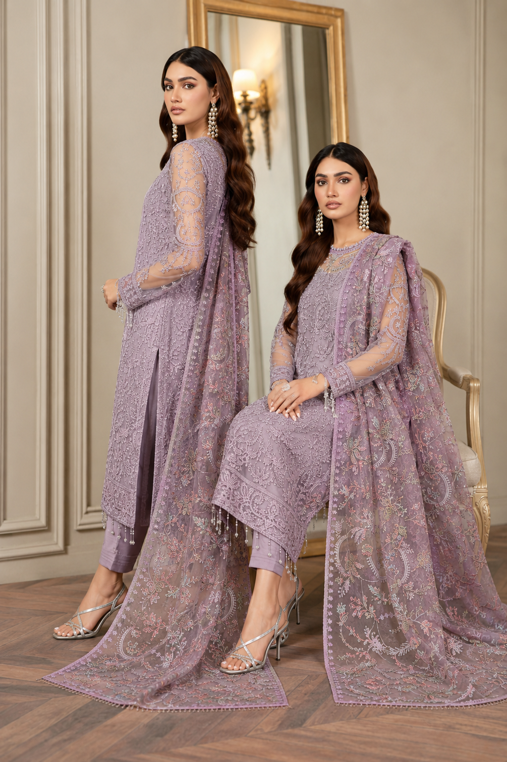Calvura Soft Pink Zarif Luxury Net Heavy Embroidered 3 Piece Suit with Inner & Ready-to-Wear Dupatta