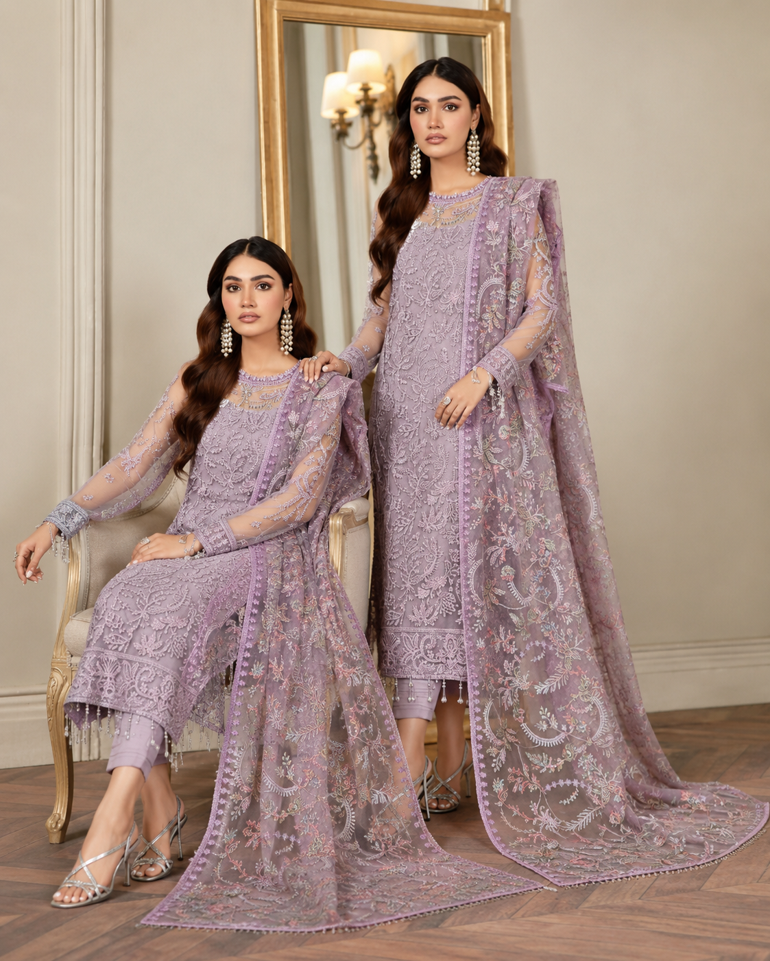 Calvura Soft Pink Zarif Luxury Net Heavy Embroidered 3 Piece Suit with Inner & Ready-to-Wear Dupatta