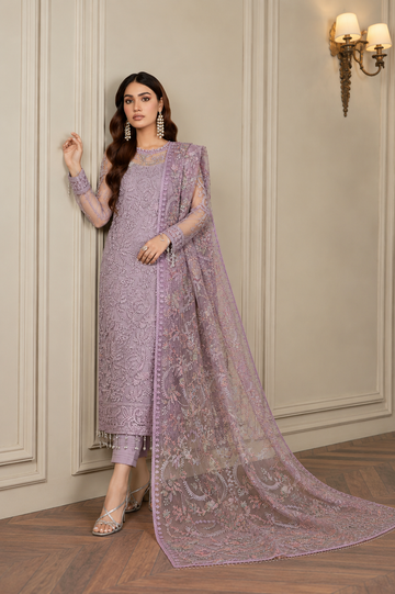 Calvura Soft Pink Zarif Luxury Net Heavy Embroidered 3 Piece Suit with Inner & Ready-to-Wear Dupatta