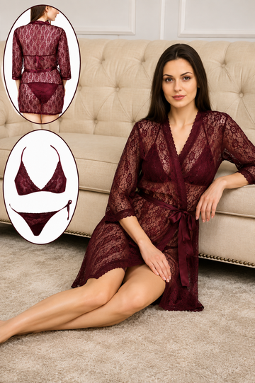 Calvura Maroon Lace 3 Piece Lingerie Set for Women – Robe, Bra & Panty Nightwear