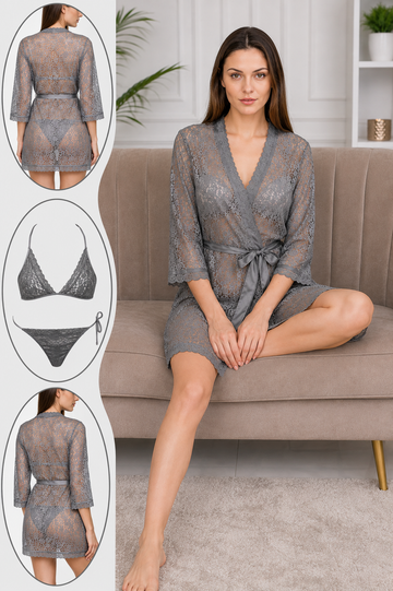 Calvura Grey Lace 3 Piece Lingerie Set for Women – Robe, Bra & Panty Nightwear