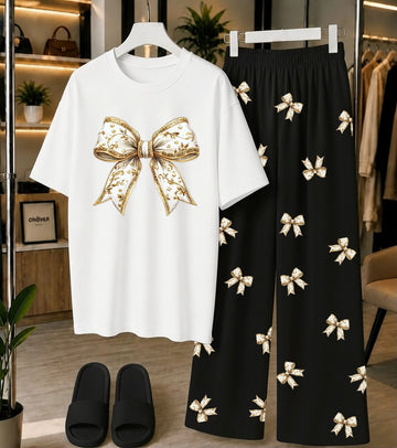 Calvura Women’s White Bow Print T-Shirt & Black/White Bow Print Pajama Set | Cotton Jersey Night Suit