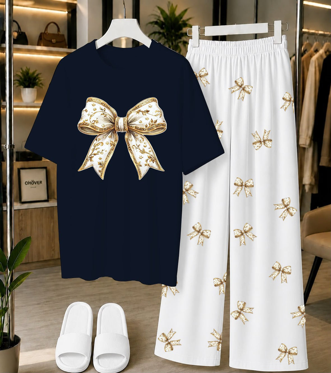 Calvura Women’s Deep Blue Bow Print T-Shirt & Black/White Bow Print Pajama Set | Cotton Jersey Night Suit