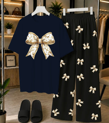Calvura Women’s Deep Blue Bow Print T-Shirt & Black/White Bow Print Pajama Set | Cotton Jersey Night Suit