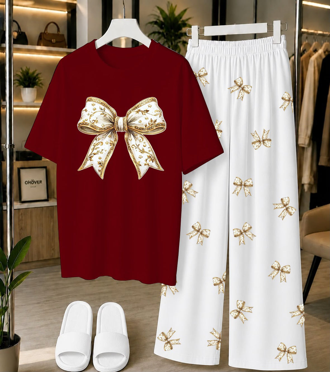 Calvura Women’s Maroon Bow Print T-Shirt & Black/White Bow Print Pajama Set | Cotton Jersey Night Suit