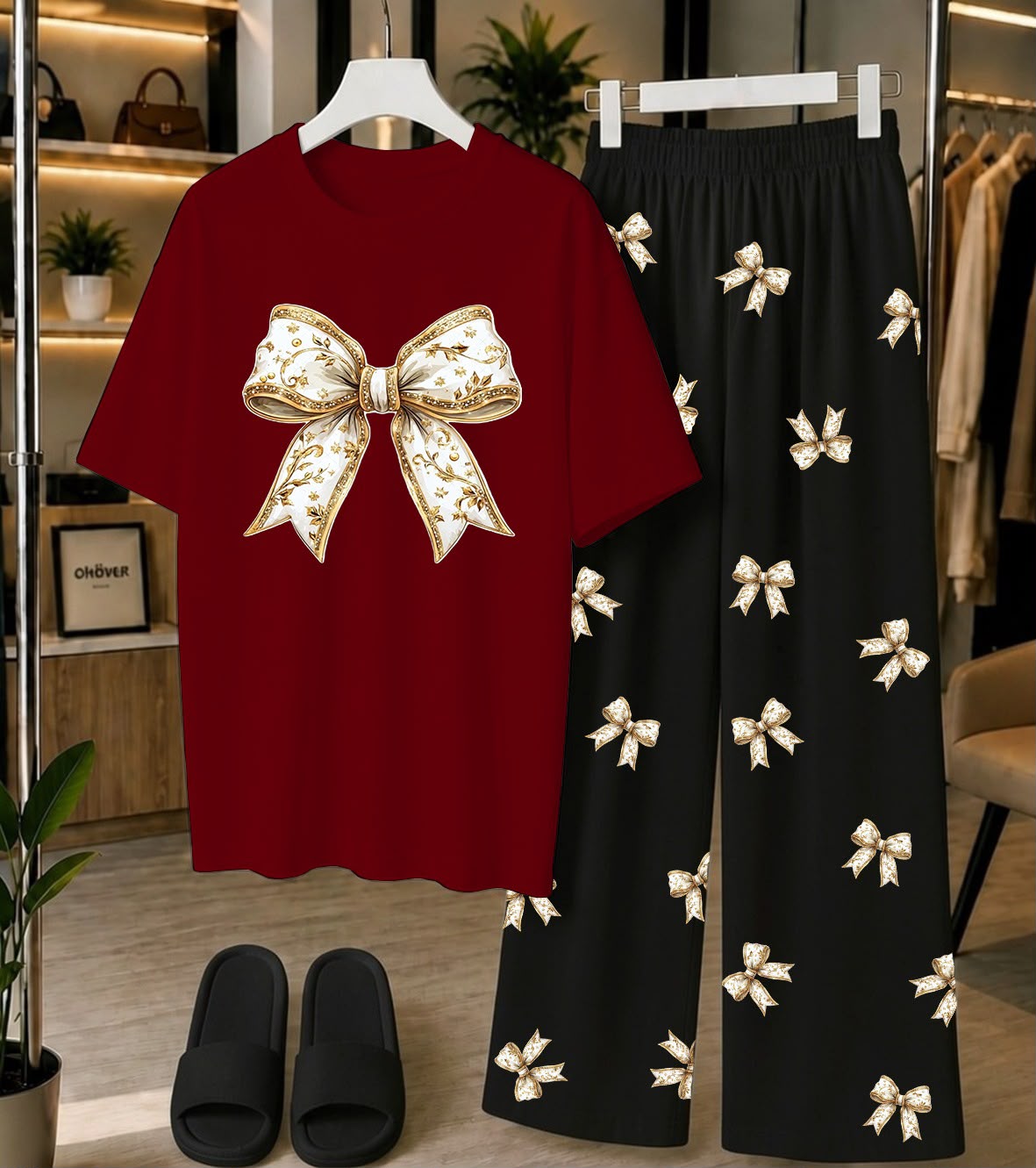 Calvura Women’s Maroon Bow Print T-Shirt & Black/White Bow Print Pajama Set | Cotton Jersey Night Suit