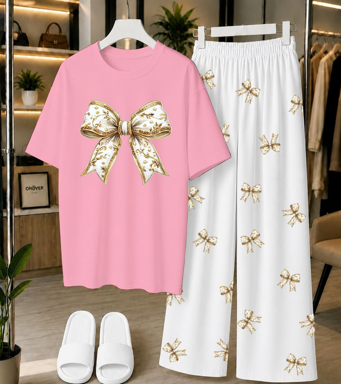 Calvura Women’s Pink Bow Print T-Shirt & Black/White Bow Print Pajama Set | Cotton Jersey Night Suit