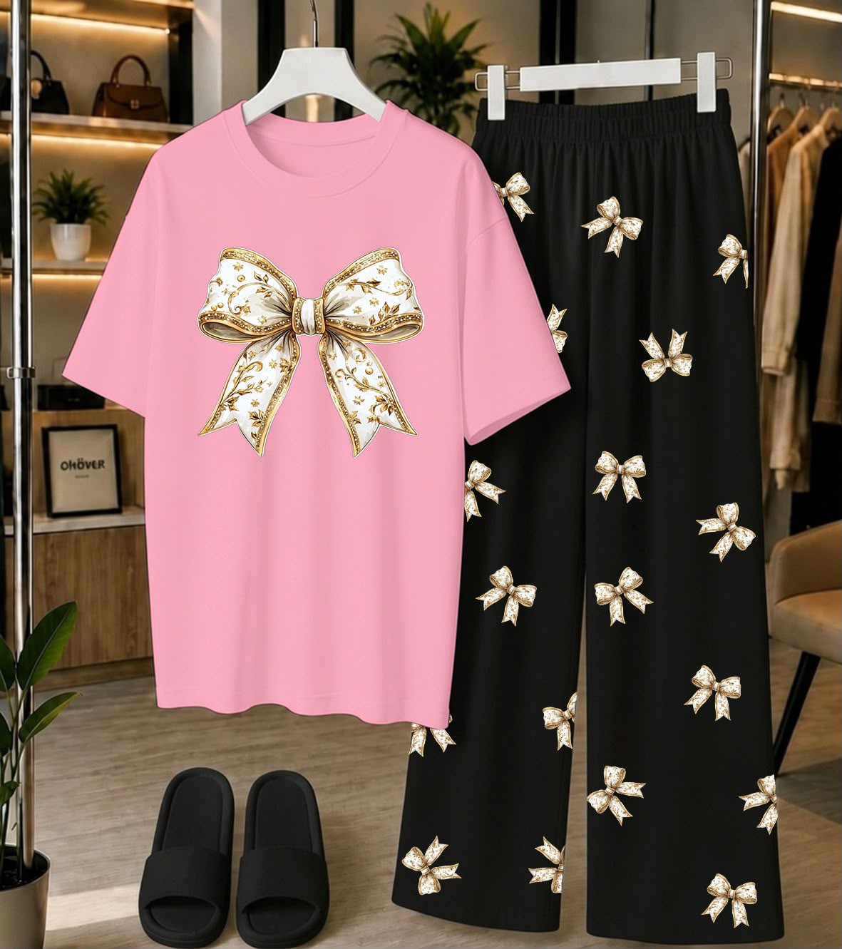 Calvura Women’s Pink Bow Print T-Shirt & Black/White Bow Print Pajama Set | Cotton Jersey Night Suit