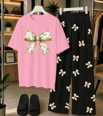 Calvura Women’s Pink Bow Print T-Shirt & Black/White Bow Print Pajama Set | Cotton Jersey Night Suit