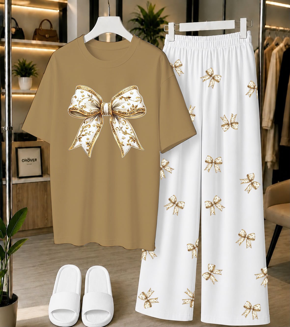 Calvura Women’s Beige Bow Print T-Shirt & Black/White Bow Print Pajama Set | Cotton Jersey Night Suit