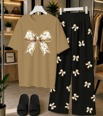 Calvura Women’s Beige Bow Print T-Shirt & Black/White Bow Print Pajama Set | Cotton Jersey Night Suit