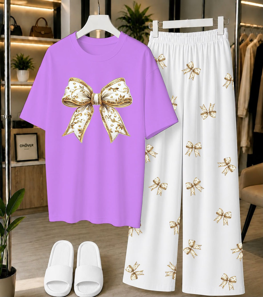 Calvura Women’s Light Purple Bow Print T-Shirt & Black/White Bow Print Pajama Set | Cotton Jersey Night Suit
