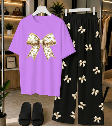 Calvura Women’s Light Purple Bow Print T-Shirt & Black/White Bow Print Pajama Set | Cotton Jersey Night Suit