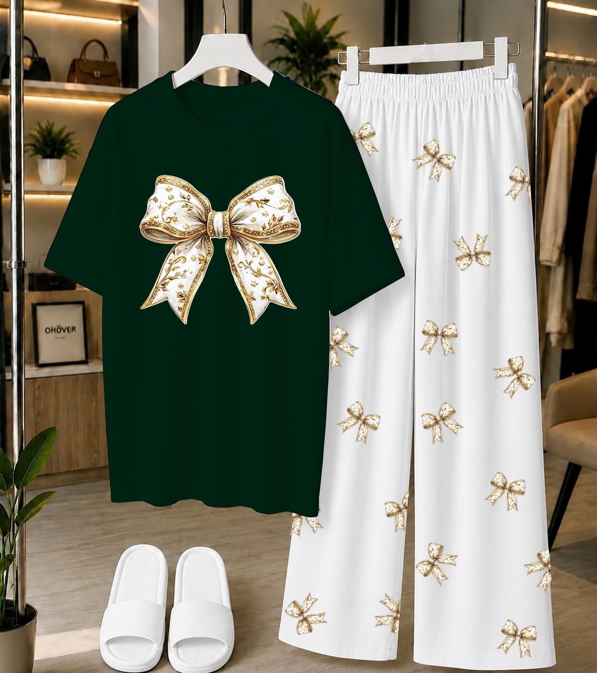 Calvura Women’s Green Bow Print T-Shirt & Matching Pajama Set | Cotton Jersey Night Suit