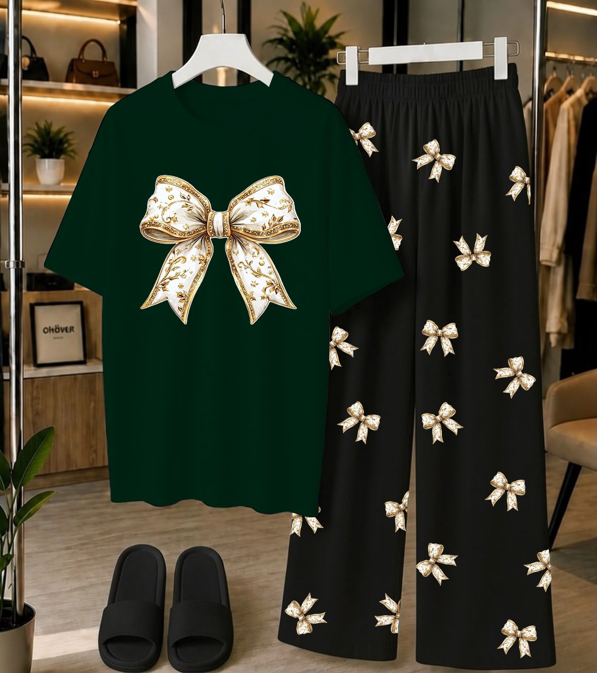 Calvura Women’s Green Bow Print T-Shirt & Matching Pajama Set | Cotton Jersey Night Suit