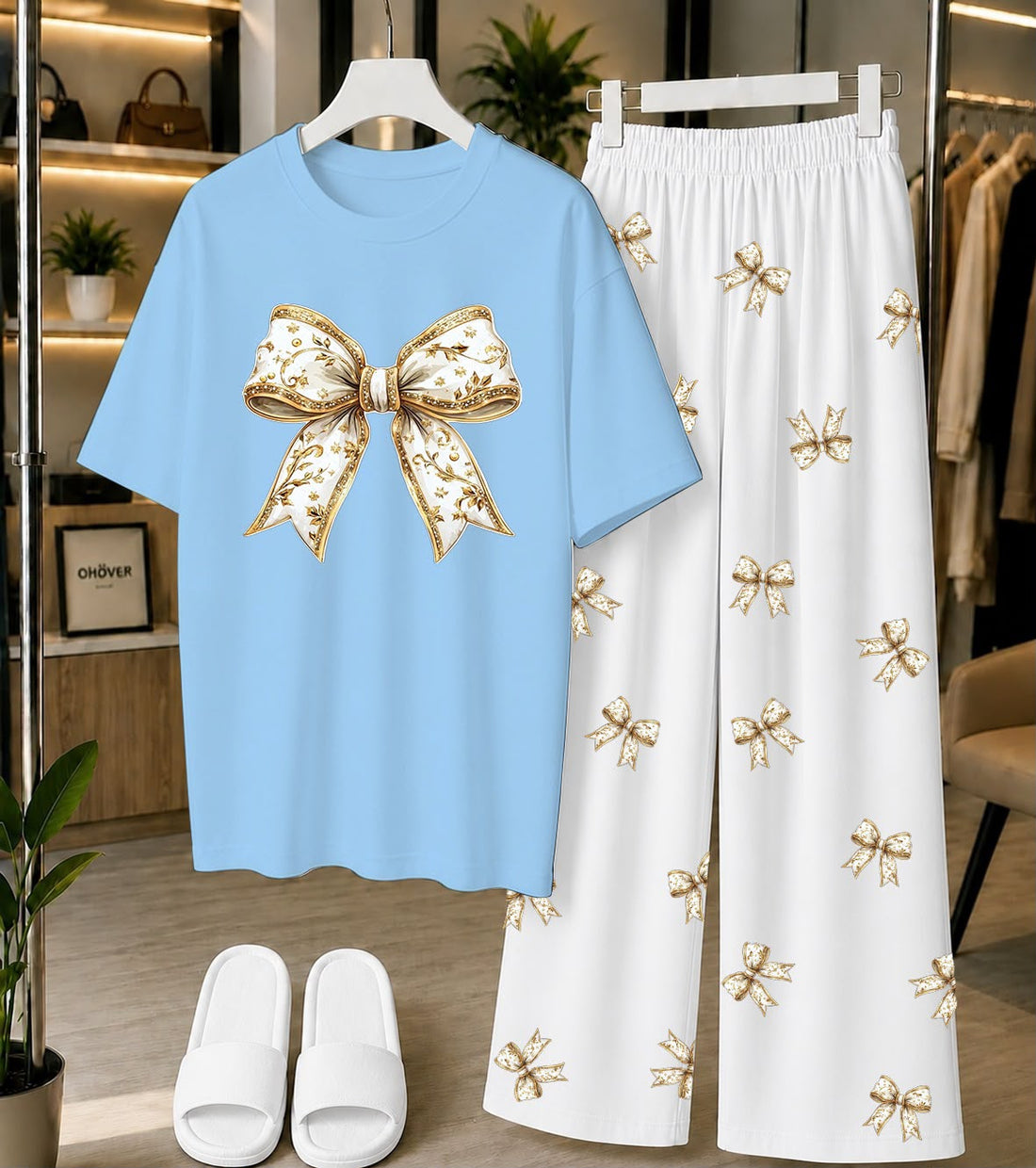 Calvura Women’s Sky Blue Bow Print T-Shirt & Black/White Bow Print Pajama Set | Cotton Jersey Night Suit