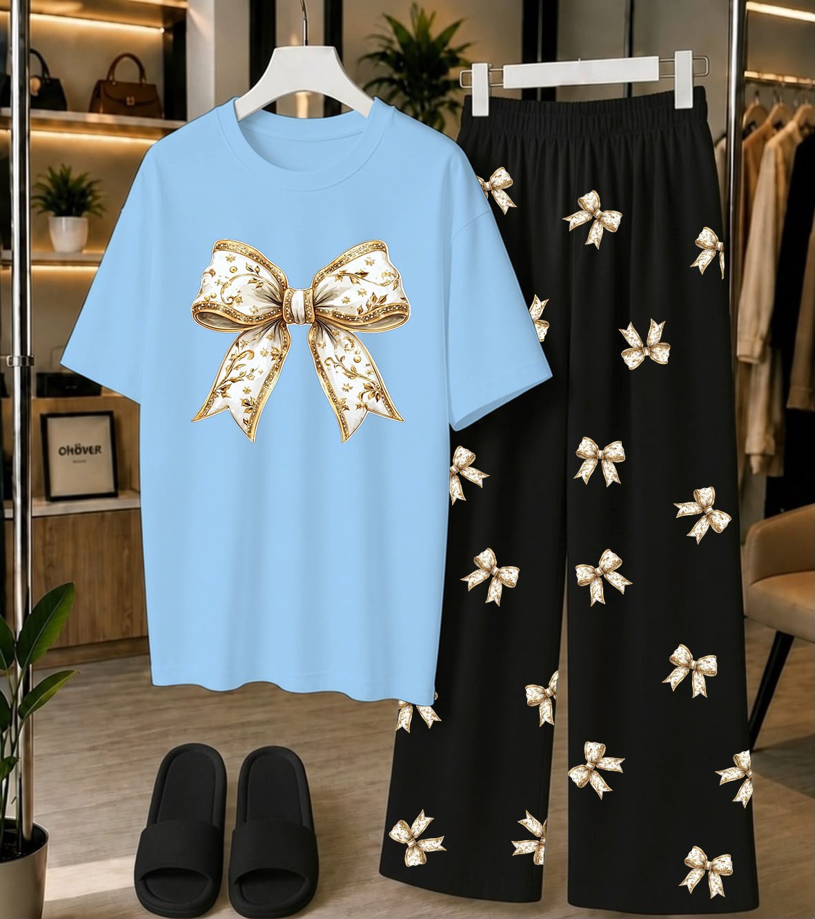 Calvura Women’s Sky Blue Bow Print T-Shirt & Black/White Bow Print Pajama Set | Cotton Jersey Night Suit