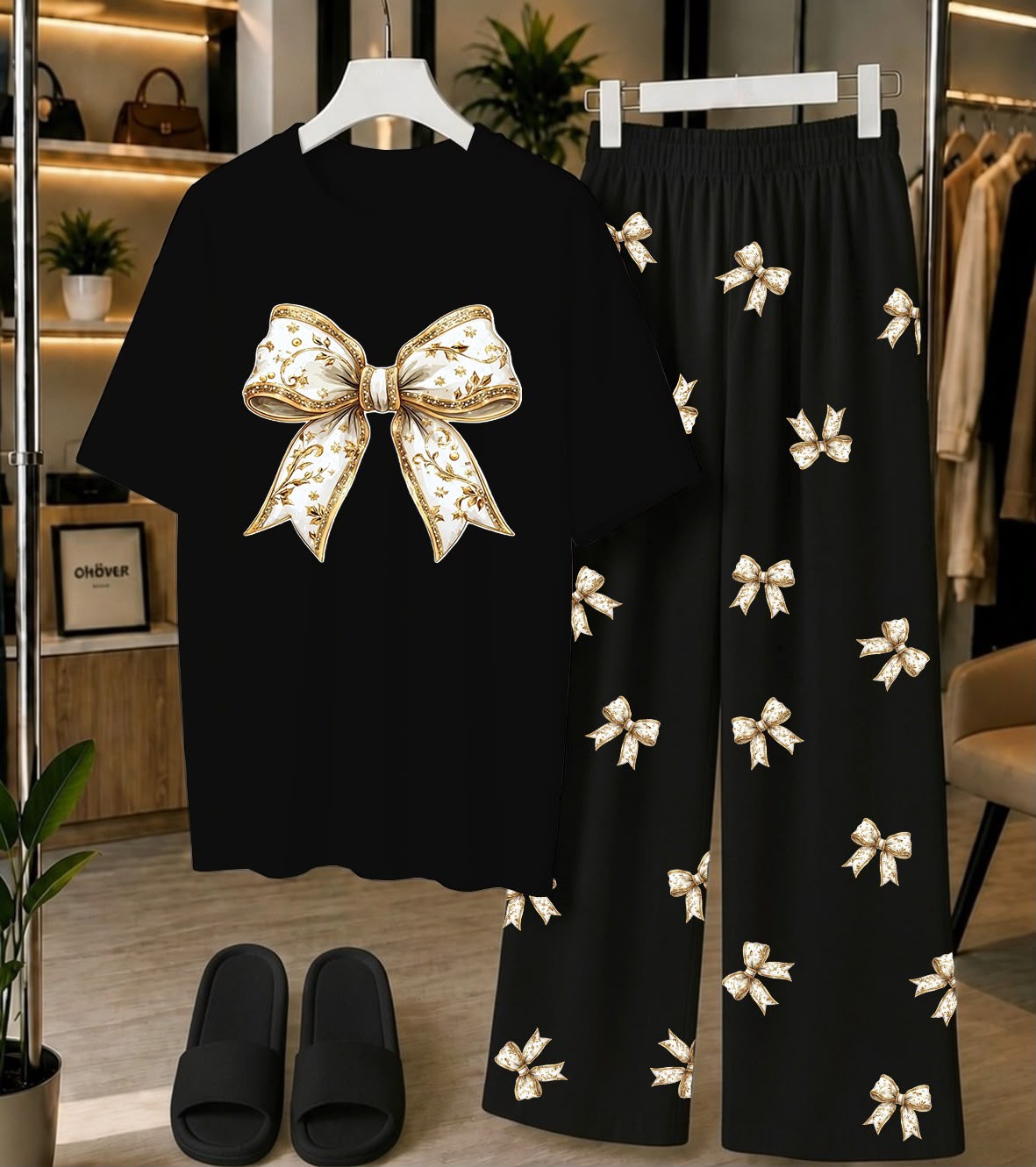 Calvura Women’s Deep Black Bow Print T-Shirt & Black/White Bow Print Pajama Set | Cotton Jersey Night Suit
