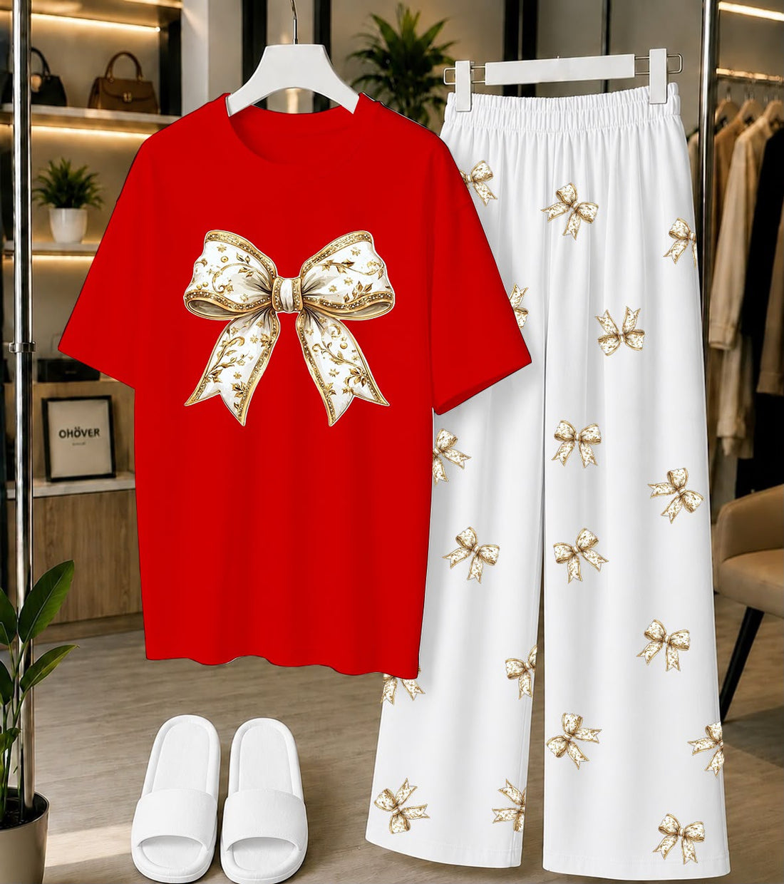 Calvura Women’s Red Bow Print T-Shirt & Black/White Bow Print Pajama Set | Cotton Jersey Night Suit