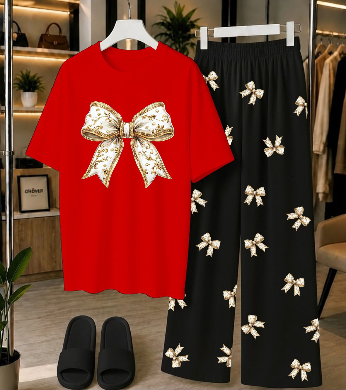 Calvura Women’s Red Bow Print T-Shirt & Black/White Bow Print Pajama Set | Cotton Jersey Night Suit