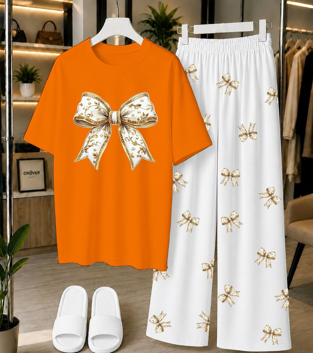 Calvura Women’s Orange Bow Print T-Shirt & Black/White Bow Print Pajama Set | Cotton Jersey Night Suit
