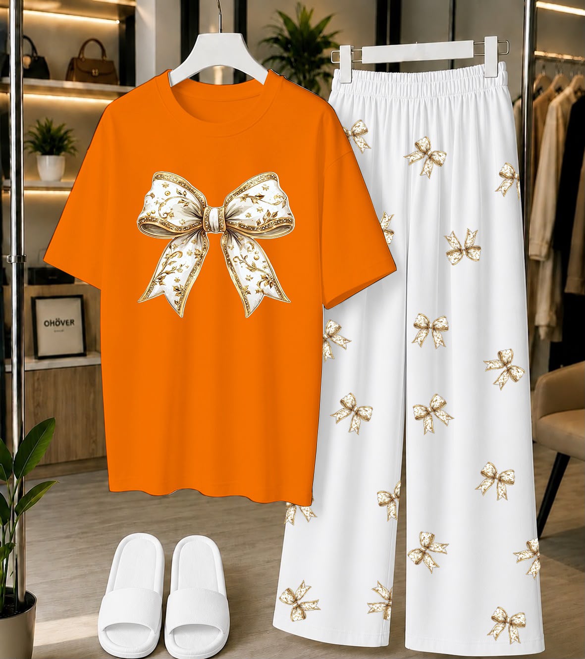Calvura Women’s Orange Bow Print T-Shirt & Black/White Bow Print Pajama Set | Cotton Jersey Night Suit
