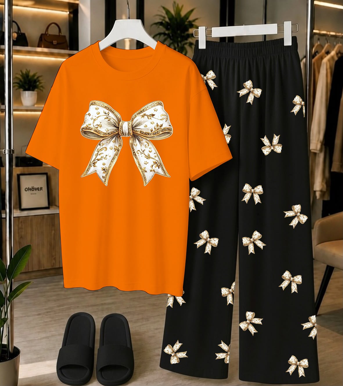 Calvura Women’s Orange Bow Print T-Shirt & Black/White Bow Print Pajama Set | Cotton Jersey Night Suit