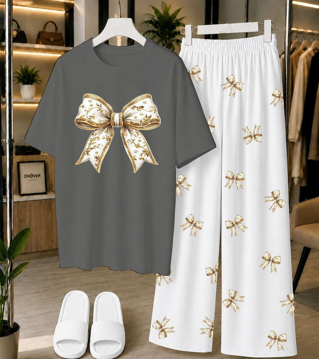 Calvura Women’s Grey Bow Print T-Shirt & Black/White Bow Print Pajama Set | Cotton Jersey Night Suit