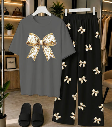 Calvura Women’s Grey Bow Print T-Shirt & Black/White Bow Print Pajama Set | Cotton Jersey Night Suit