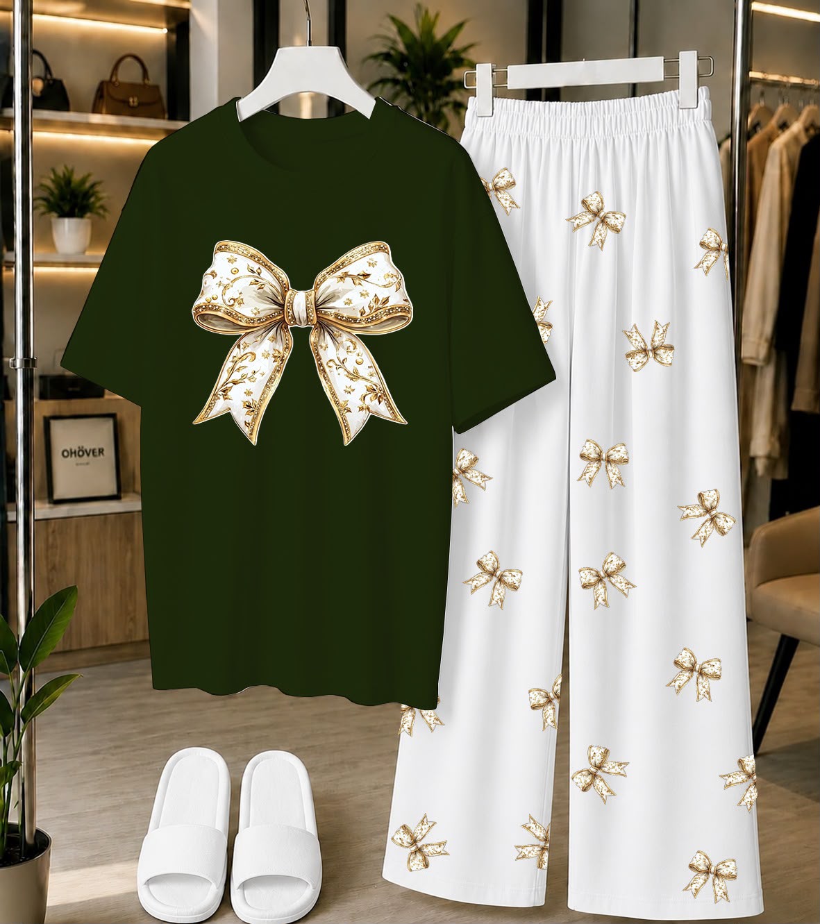 Calvura Women’s Green Bow Print T-Shirt & Matching Pajama Set | Cotton Jersey Night Suit