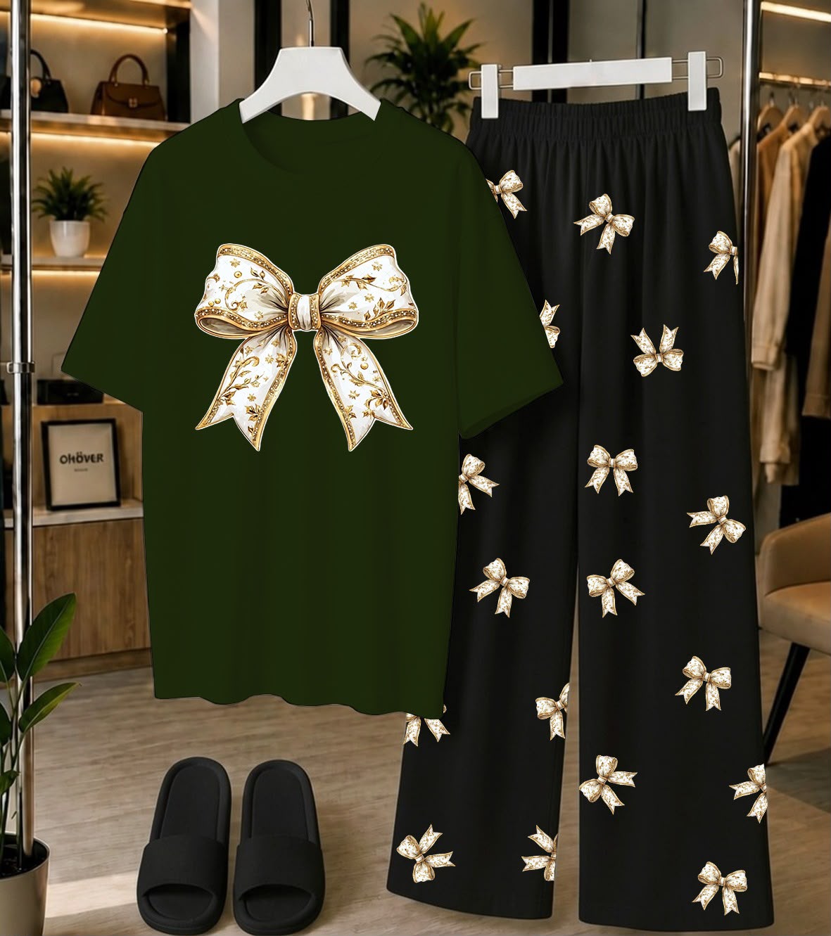 Calvura Women’s Green Bow Print T-Shirt & Matching Pajama Set | Cotton Jersey Night Suit