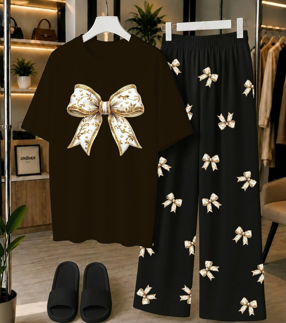 Calvura Women’s Dark Brown Bow Print T-Shirt & Matching Pajama Set | Cotton Jersey Night Suit
