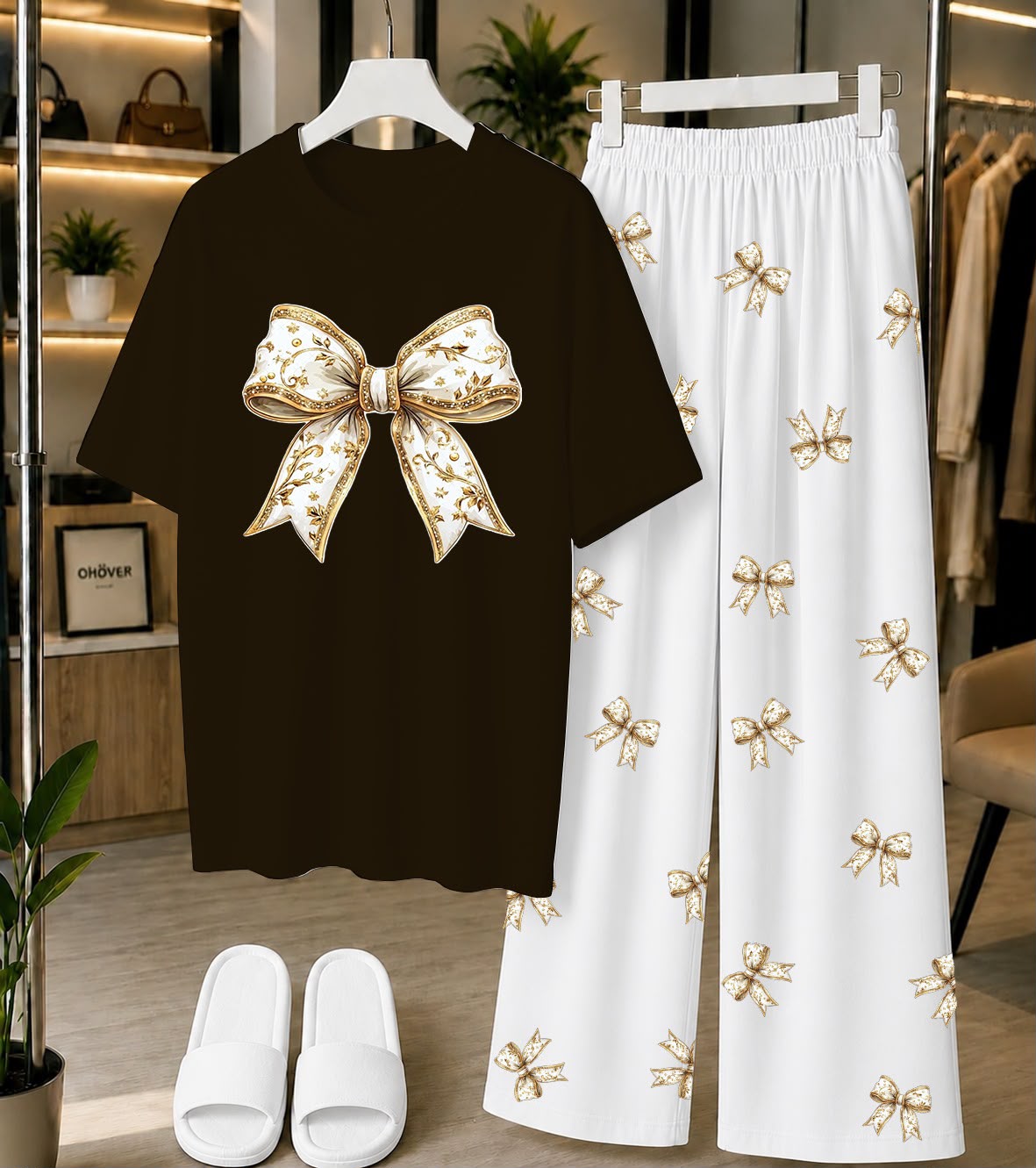 Calvura Women’s Dark Brown Bow Print T-Shirt & Matching Pajama Set | Cotton Jersey Night Suit