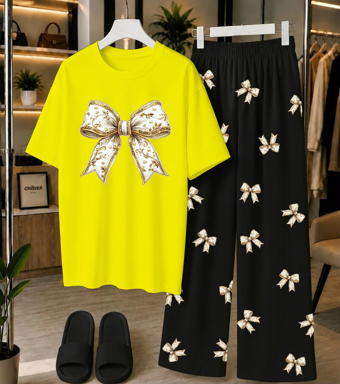 Calvura Women’s Yellow Bow Print T-Shirt & Black Bow Pajama Set | Cotton Jersey Night Suit