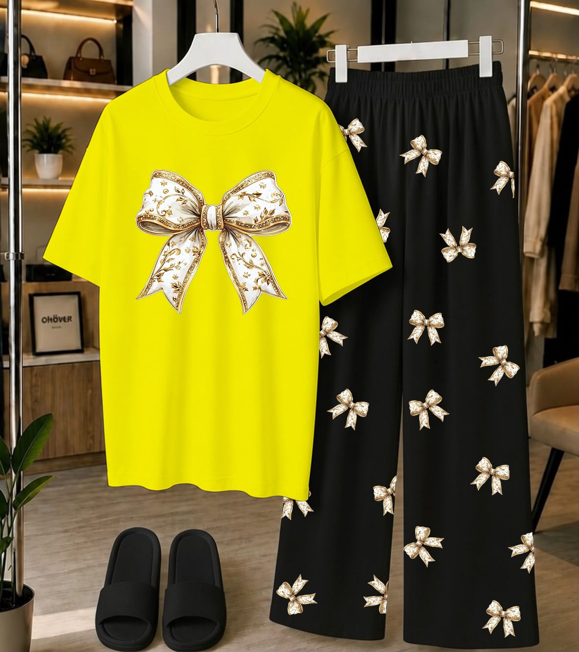 Calvura Women’s Yellow Bow Print T-Shirt & Black Bow Pajama Set | Cotton Jersey Night Suit