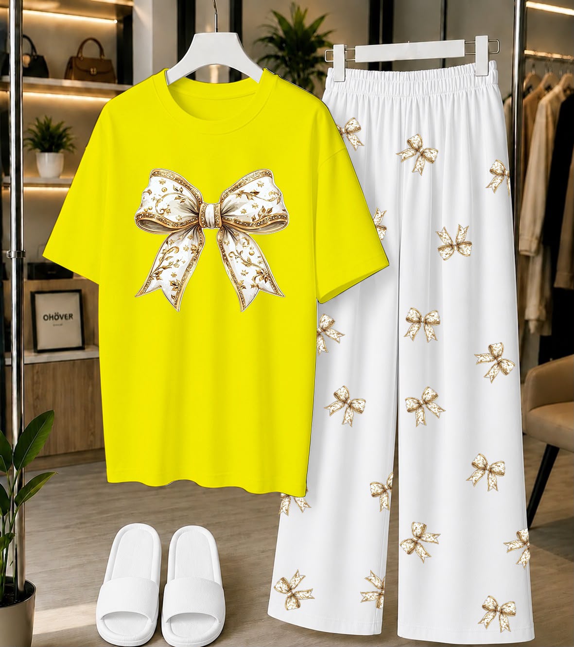 Calvura Women’s Yellow Bow Print T-Shirt & Black Bow Pajama Set | Cotton Jersey Night Suit