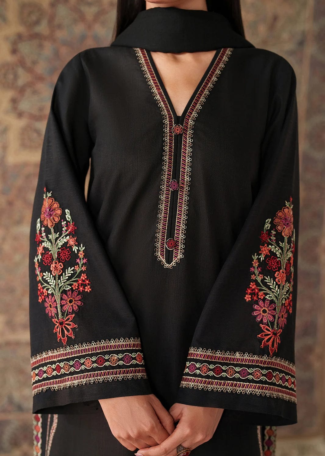Calvura Black Floral Embroidered Lawn 3-Piece Suit with Maroon Printed Dupatta