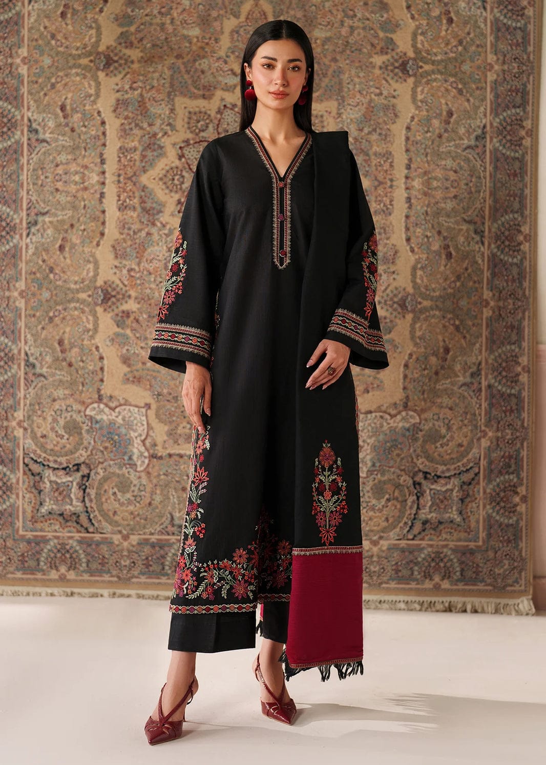 Calvura Black Floral Embroidered Lawn 3-Piece Suit with Maroon Printed Dupatta