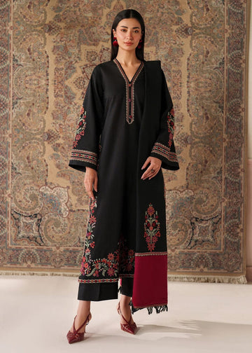 Calvura Black Floral Embroidered Lawn 3-Piece Suit with Maroon Printed Dupatta