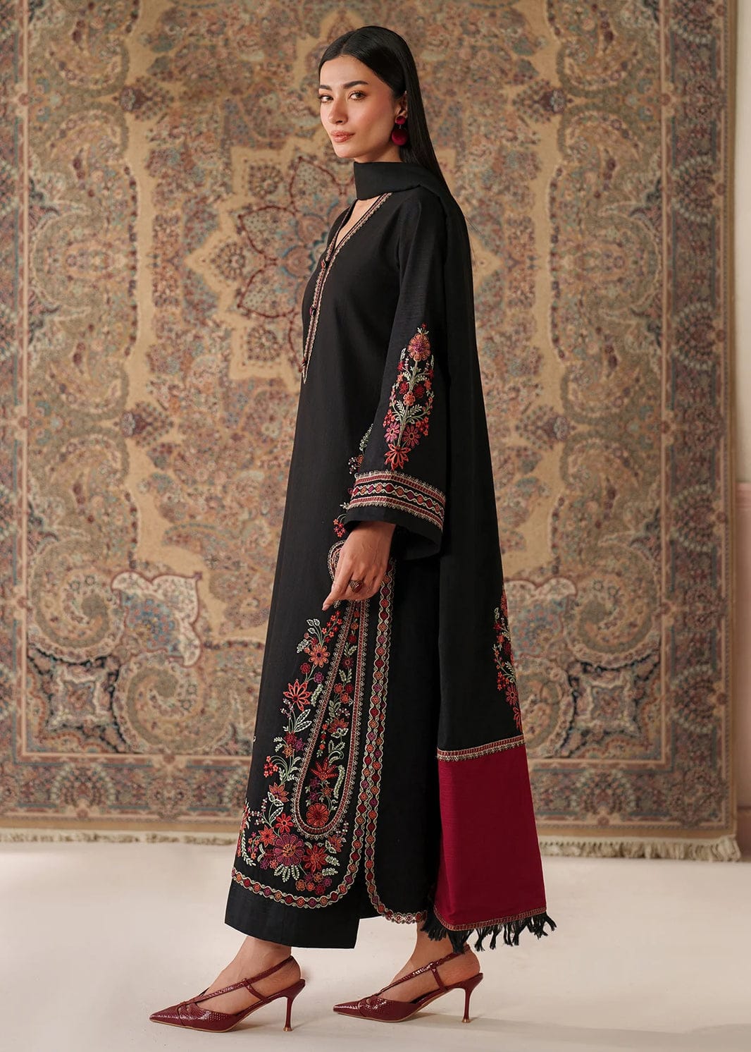 Calvura Black Floral Embroidered Lawn 3-Piece Suit with Maroon Printed Dupatta