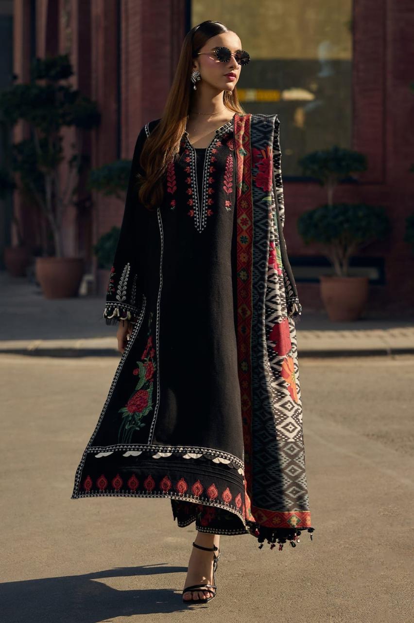 Calvura Black Embroidered Lawn 3-Piece Suit with Printed Monark Voile Dupatta