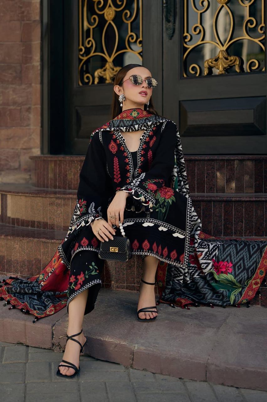 Calvura Black Embroidered Lawn 3-Piece Suit with Printed Monark Voile Dupatta