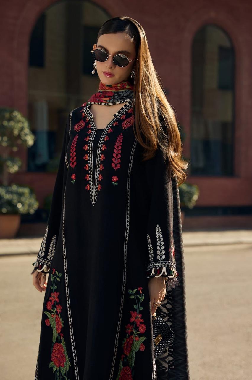 Calvura Black Embroidered Lawn 3-Piece Suit with Printed Monark Voile Dupatta