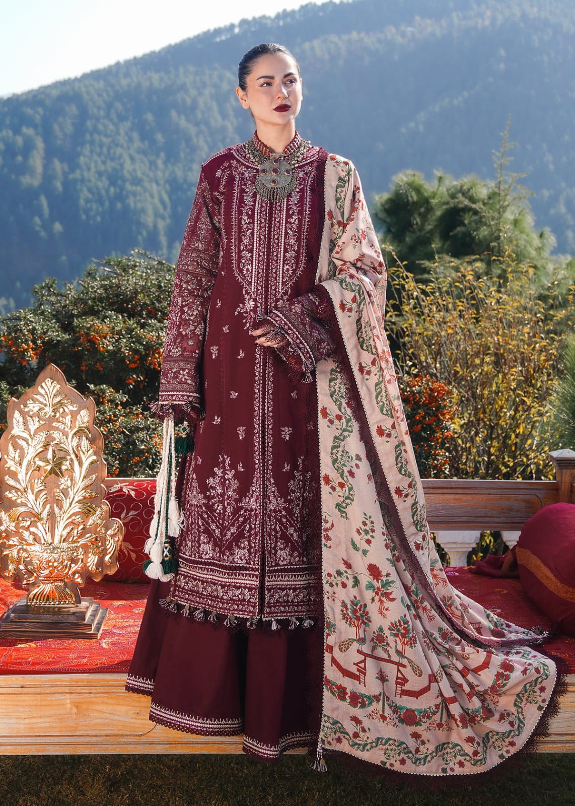Calvura Premium Maroon Embroidered Lawn 3-Piece Suit with Printed Monark Voile Dupatta