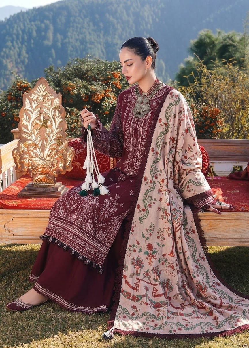 Calvura Premium Maroon Embroidered Lawn 3-Piece Suit with Printed Monark Voile Dupatta