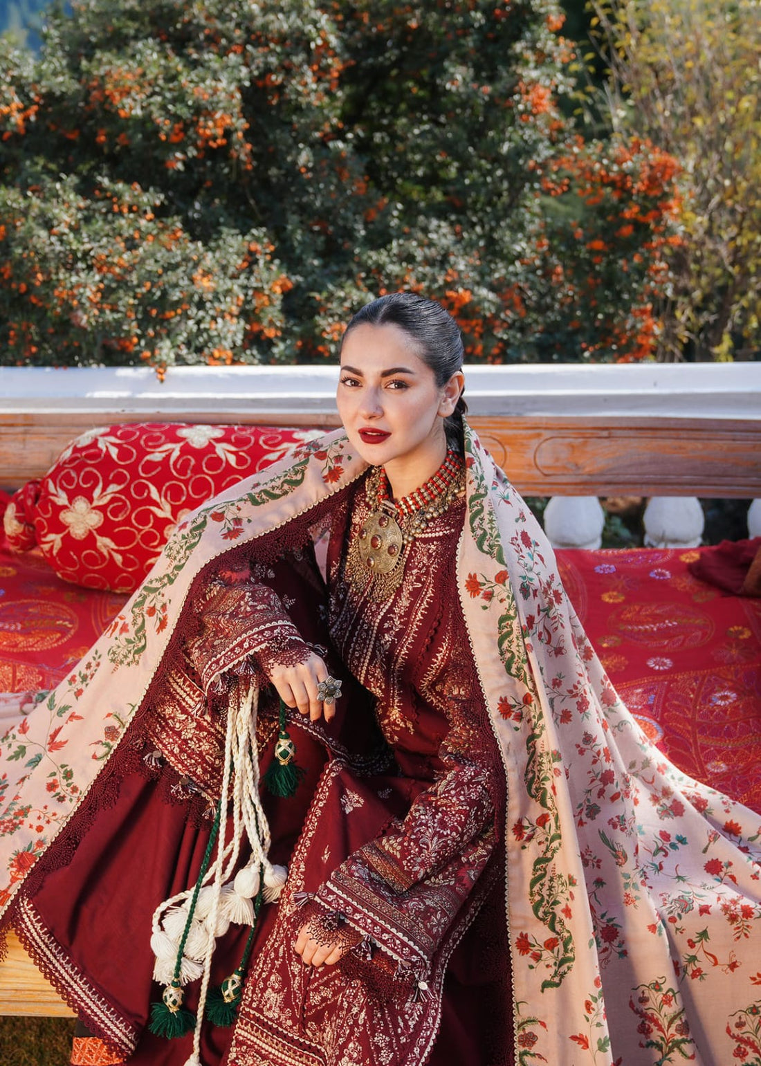 Calvura Premium Maroon Embroidered Lawn 3-Piece Suit with Printed Monark Voile Dupatta