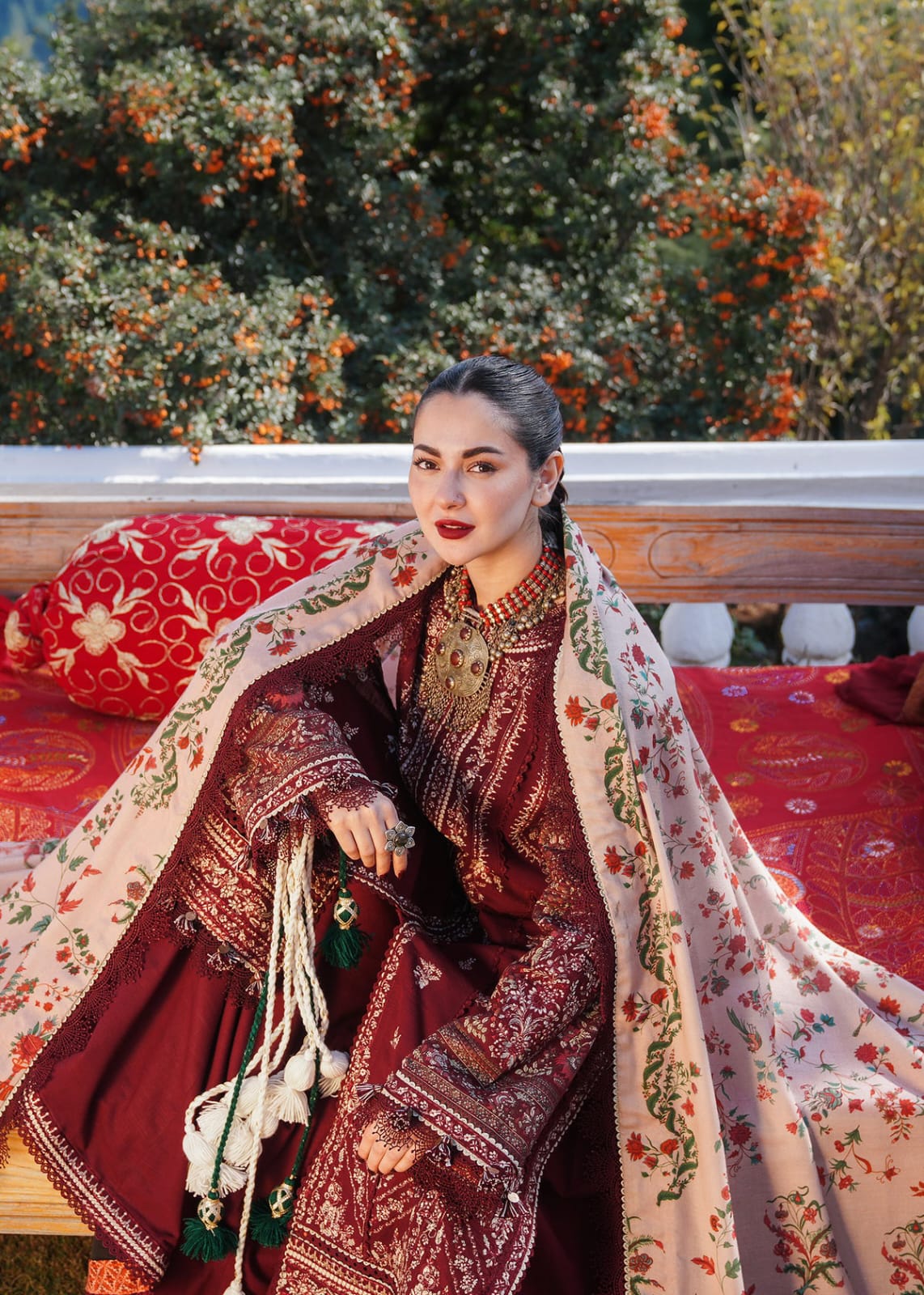 Calvura Premium Maroon Embroidered Lawn 3-Piece Suit with Printed Monark Voile Dupatta