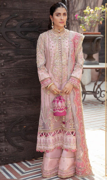Afrozeh Pink Embroidered Organza 3-Piece Suit with Stone Work & Tassel Details